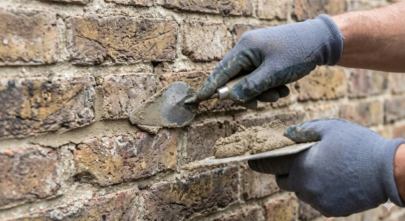 Mason repointing historic brick home exterior in Connecticut