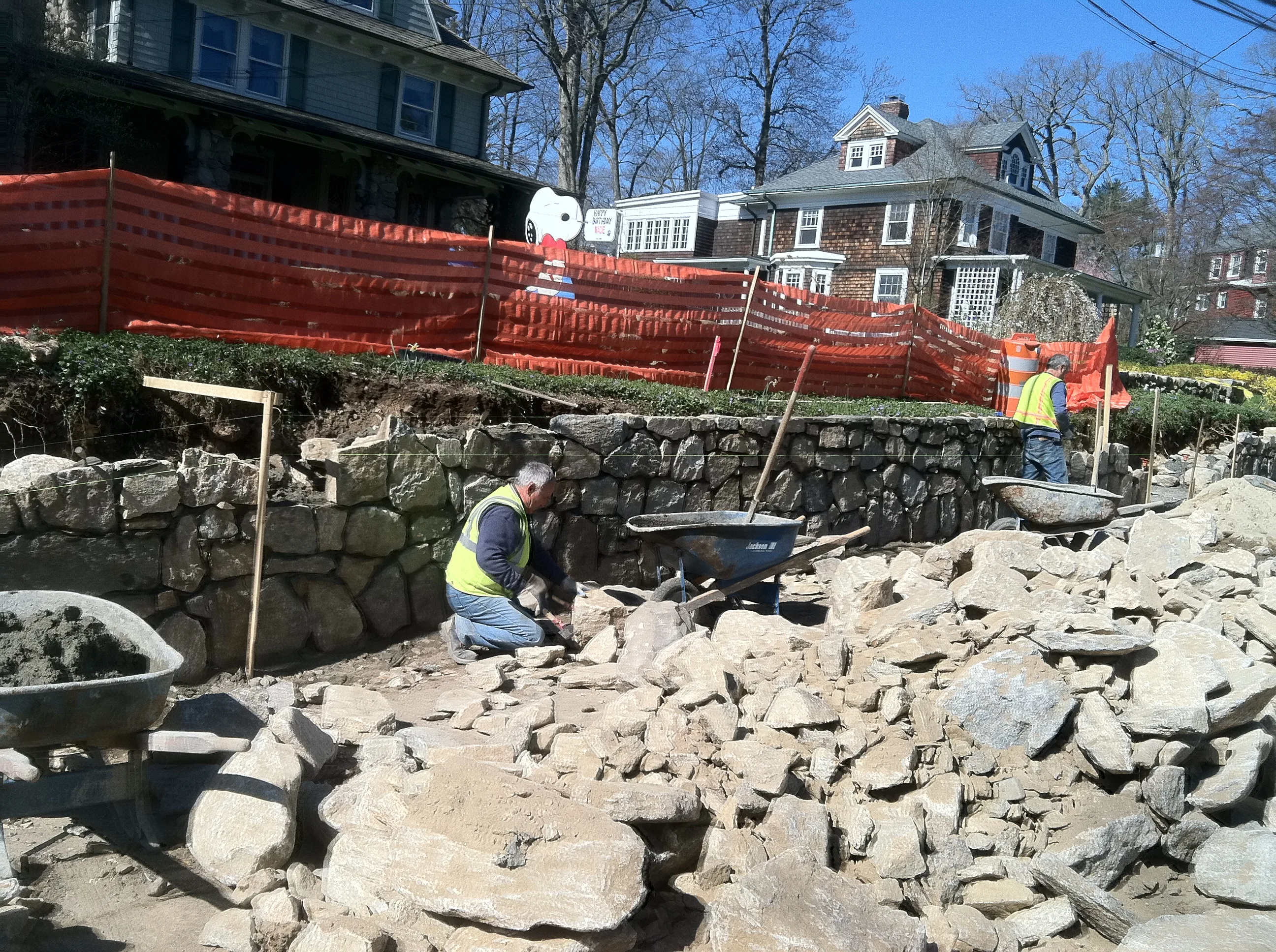 Residential stone wall completed New Canaan