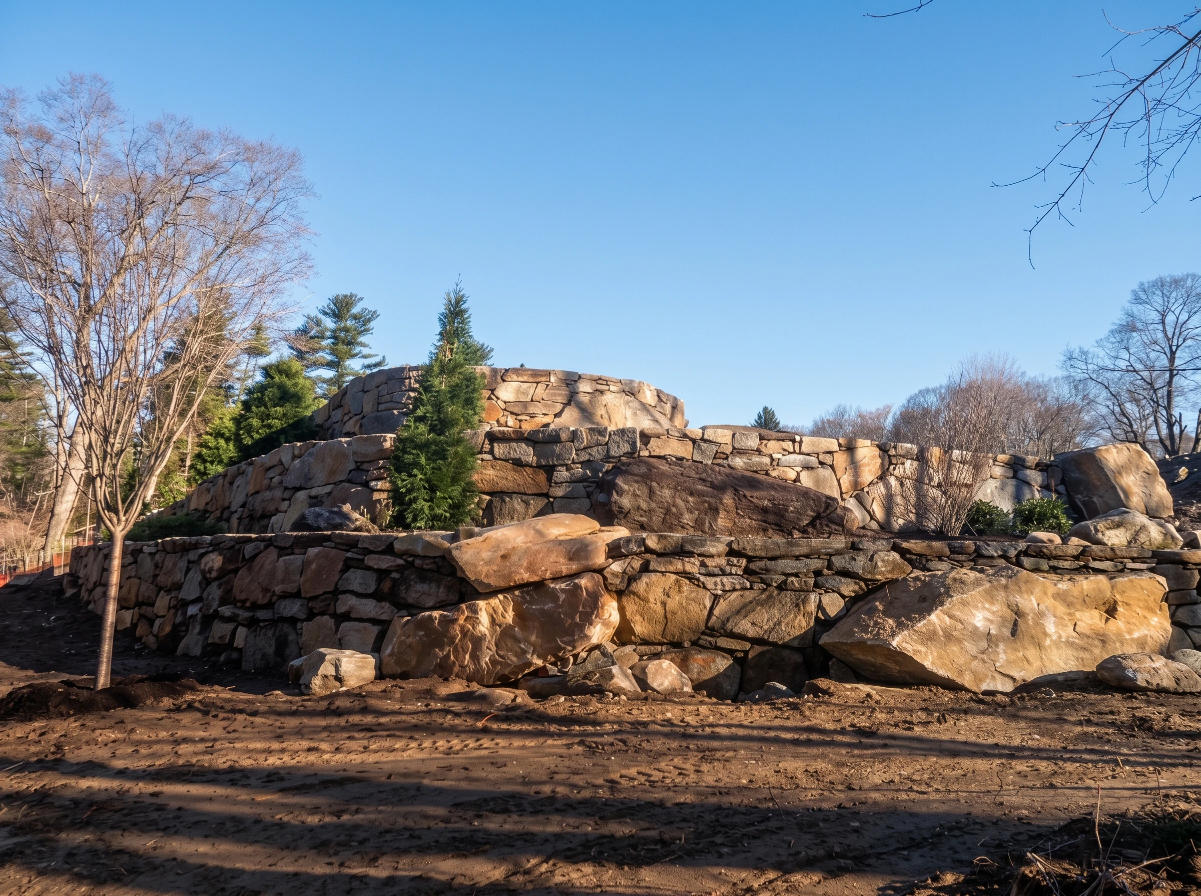 3-tier stone retaining wall at The Stanwich School Greenwich CT
