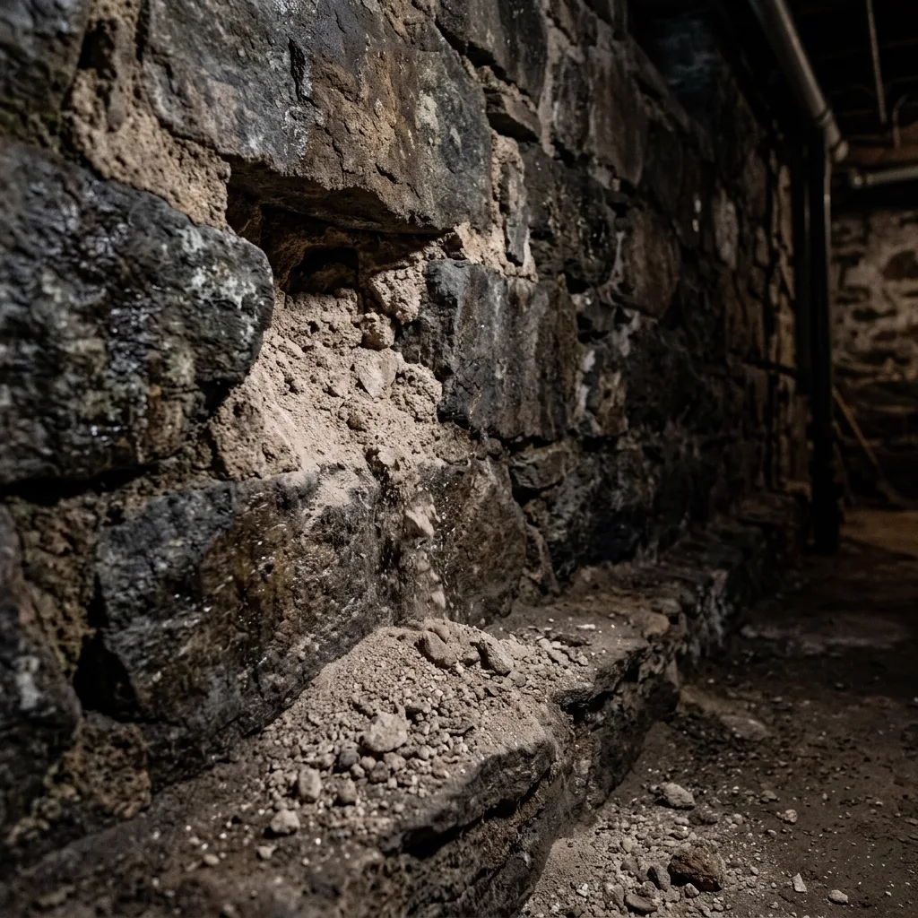 Crumbling mortar in a fieldstone foundation wall