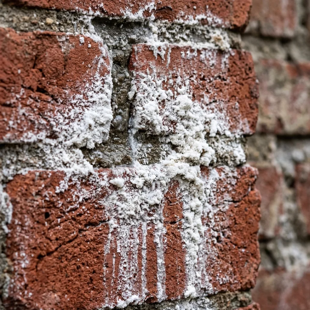White efflorescence salt staining on brick wall