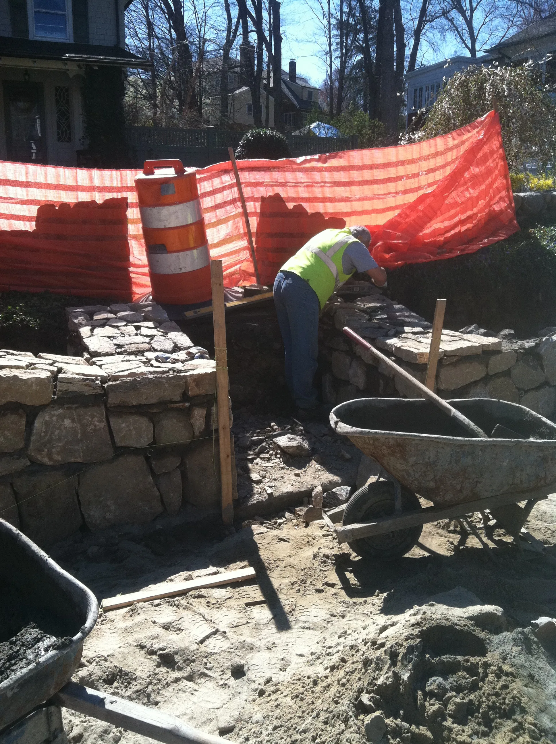 Stone wall New Canaan CT streetscape view