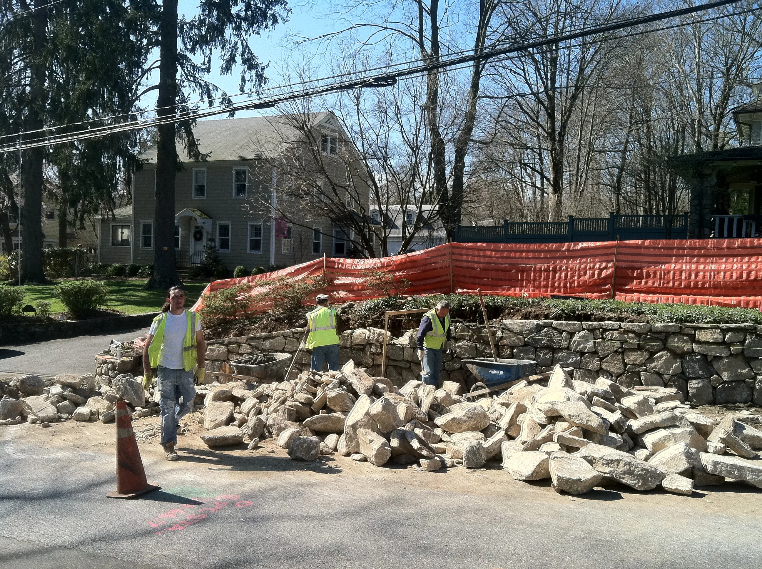 Stone wall masonry New Canaan Main Street view