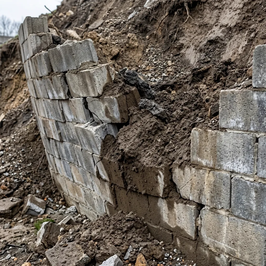 Failing retaining wall leaning forward after Connecticut winter