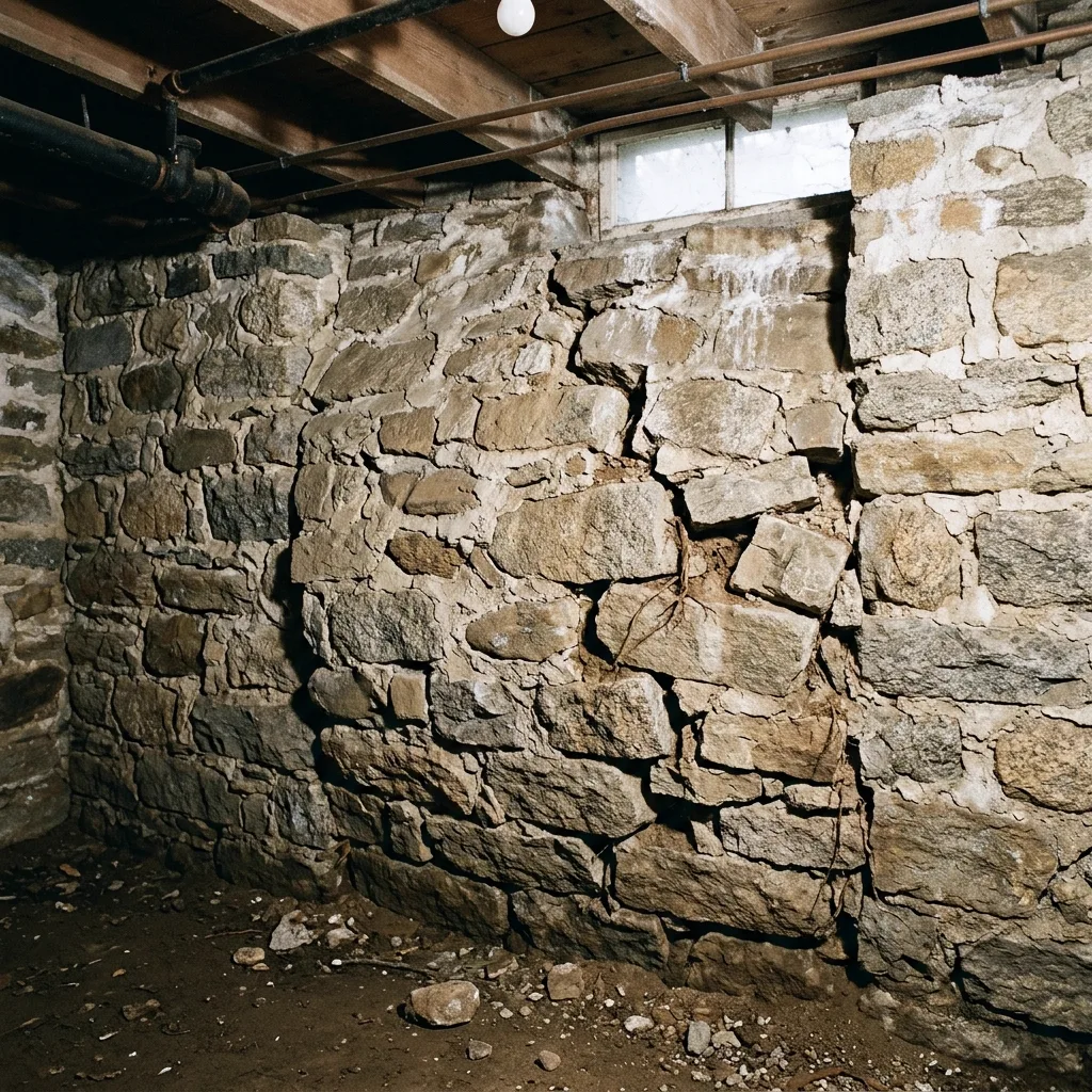 Bowing fieldstone retaining wall under hydrostatic pressure