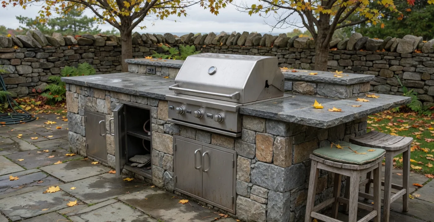 Outdoor kitchen island with a stone veneer base, stone countertop and built-in grill