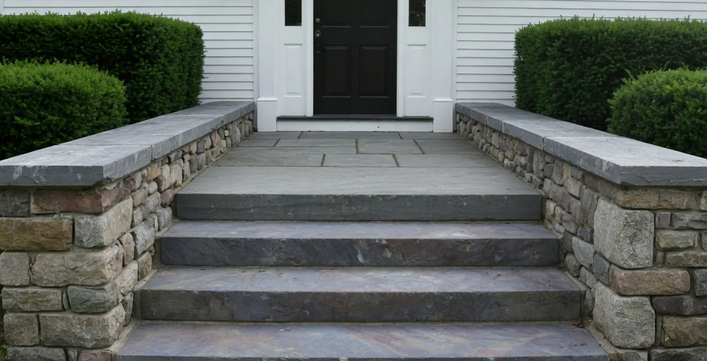 Bluestone entry steps with mortared fieldstone cheek walls on a New England home