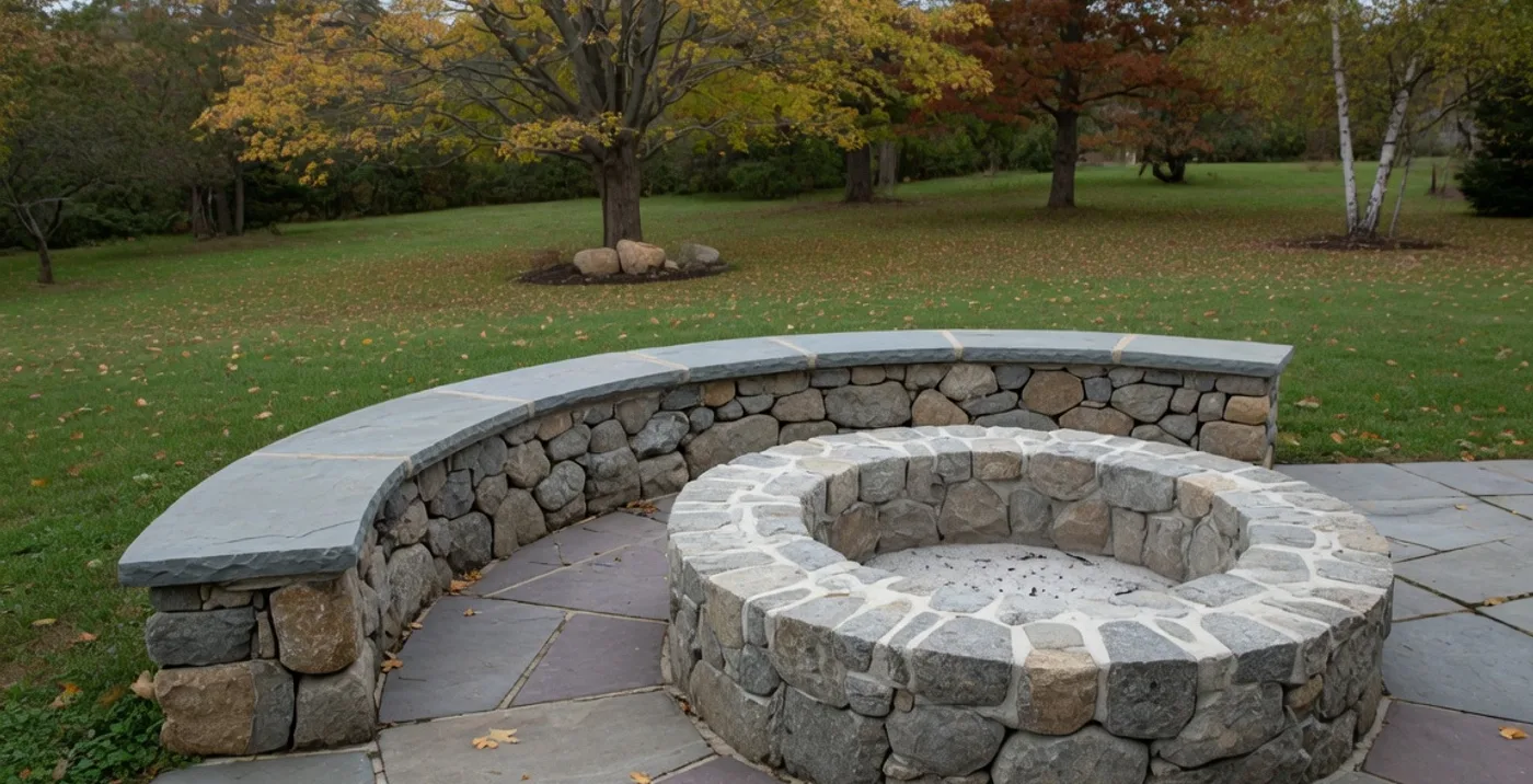 Mortared fieldstone fire pit set into a bluestone patio with a curved stone seat wall