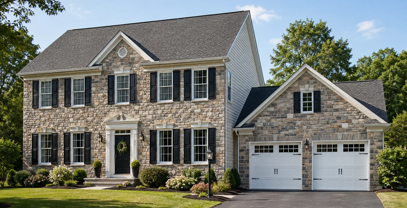 Natural stone veneer across a colonial facade and its attached two-car garage